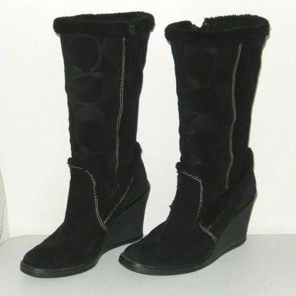 Coach Boots 6 Jordana Black Suede Signature Logo Shearling Trim Wedge Side Zip - Picture 1 of 11